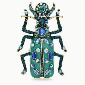 Rhinestone & Enamel Blue & Green 3" Beetle Brooch Pin Gold Tone